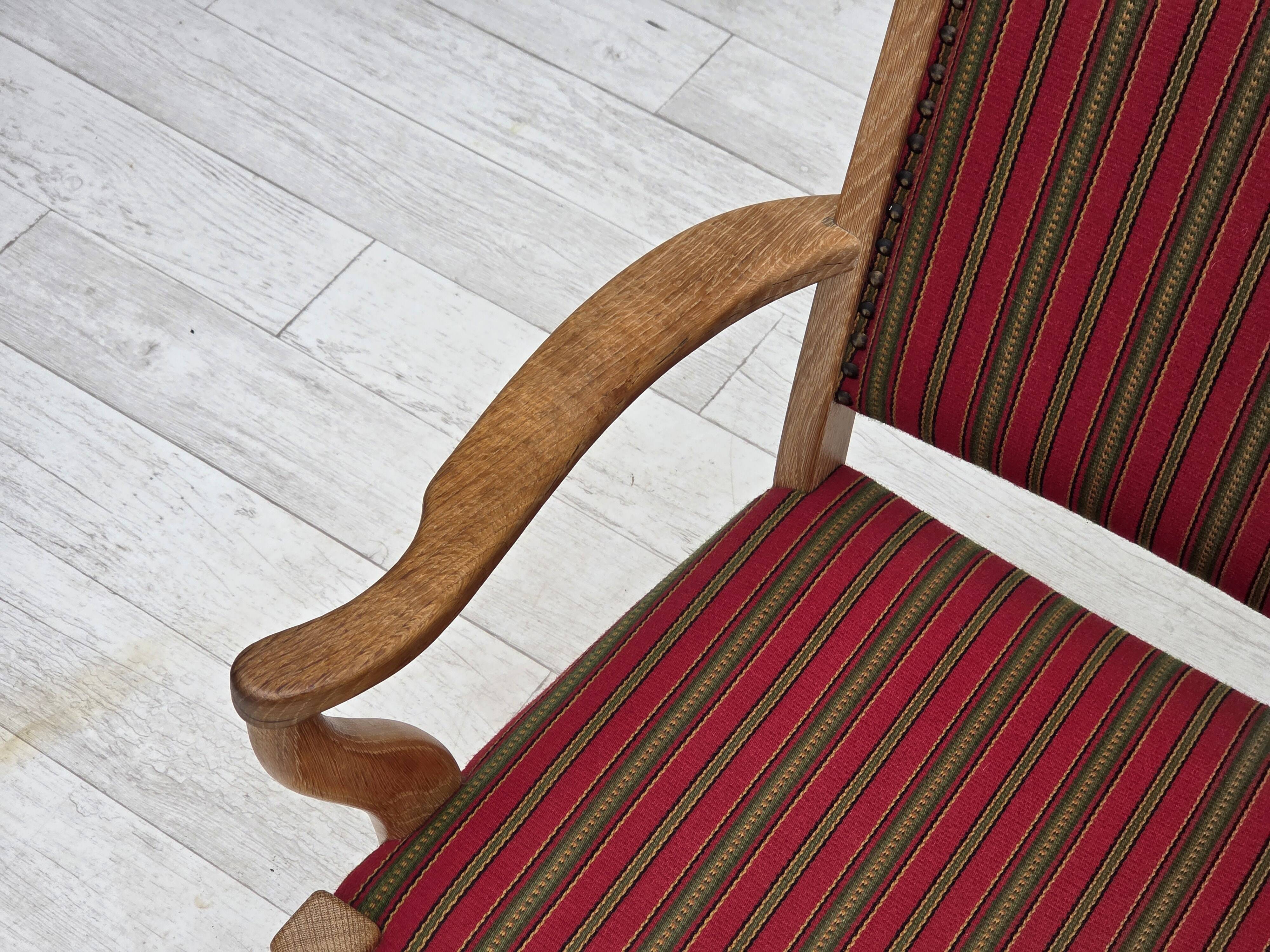 1970s, Danish armchair, striped red furniture wool, solid oak wood.