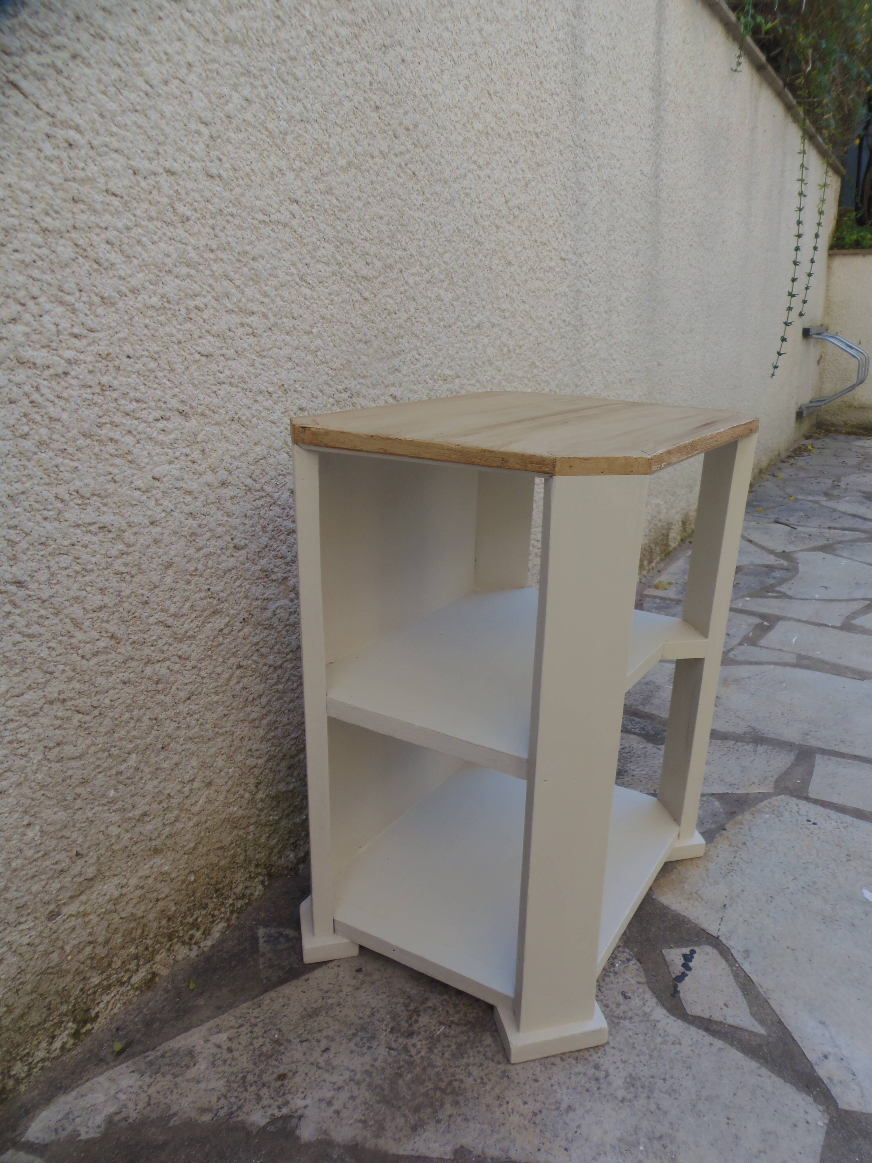 Vintage side table reimagined in beige, wooden tops.