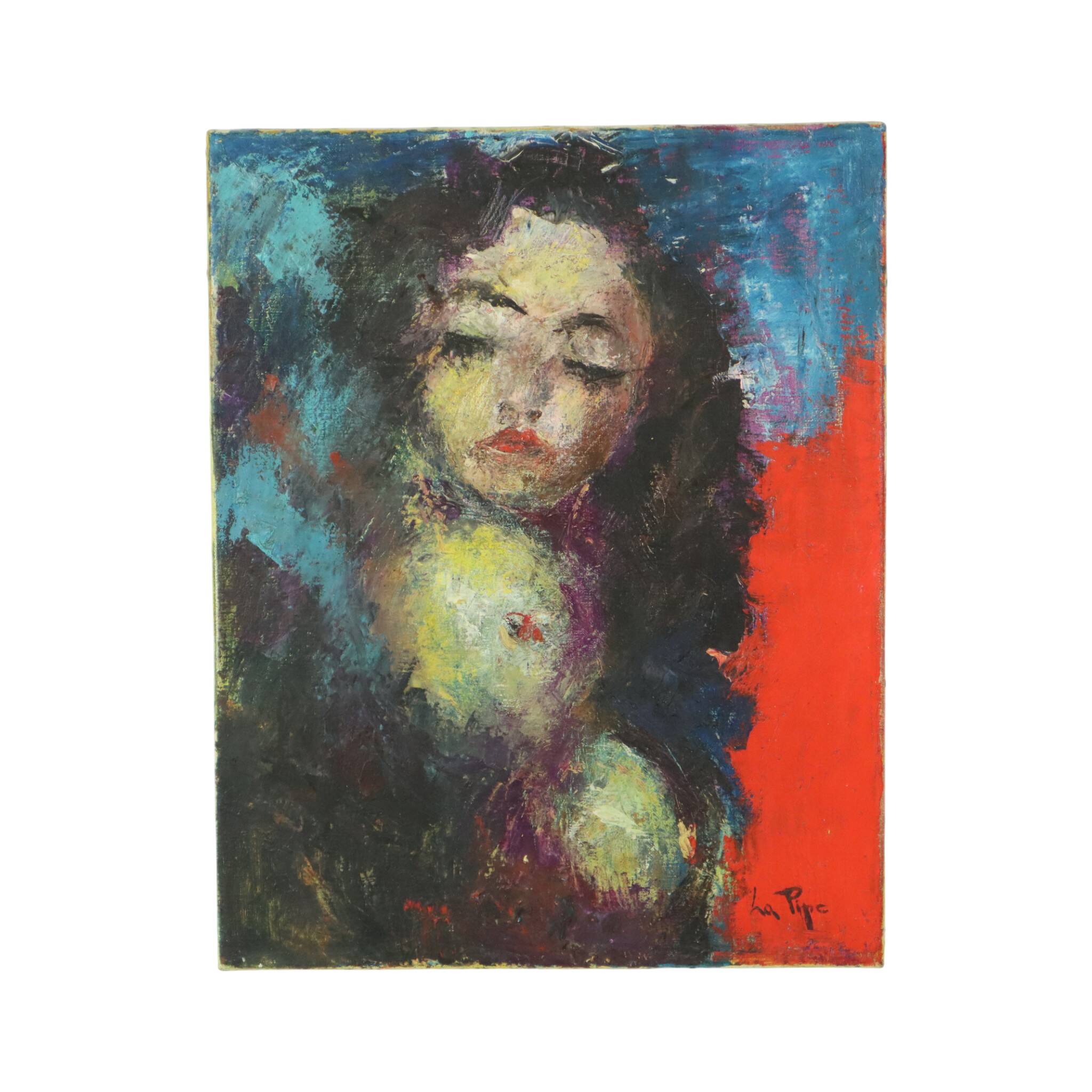 Vintage Abstract Painting on Canvas Nude Woman La Pipe