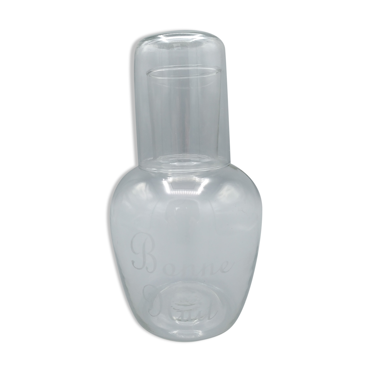Night carafe engraved 'Good night' and its glass
