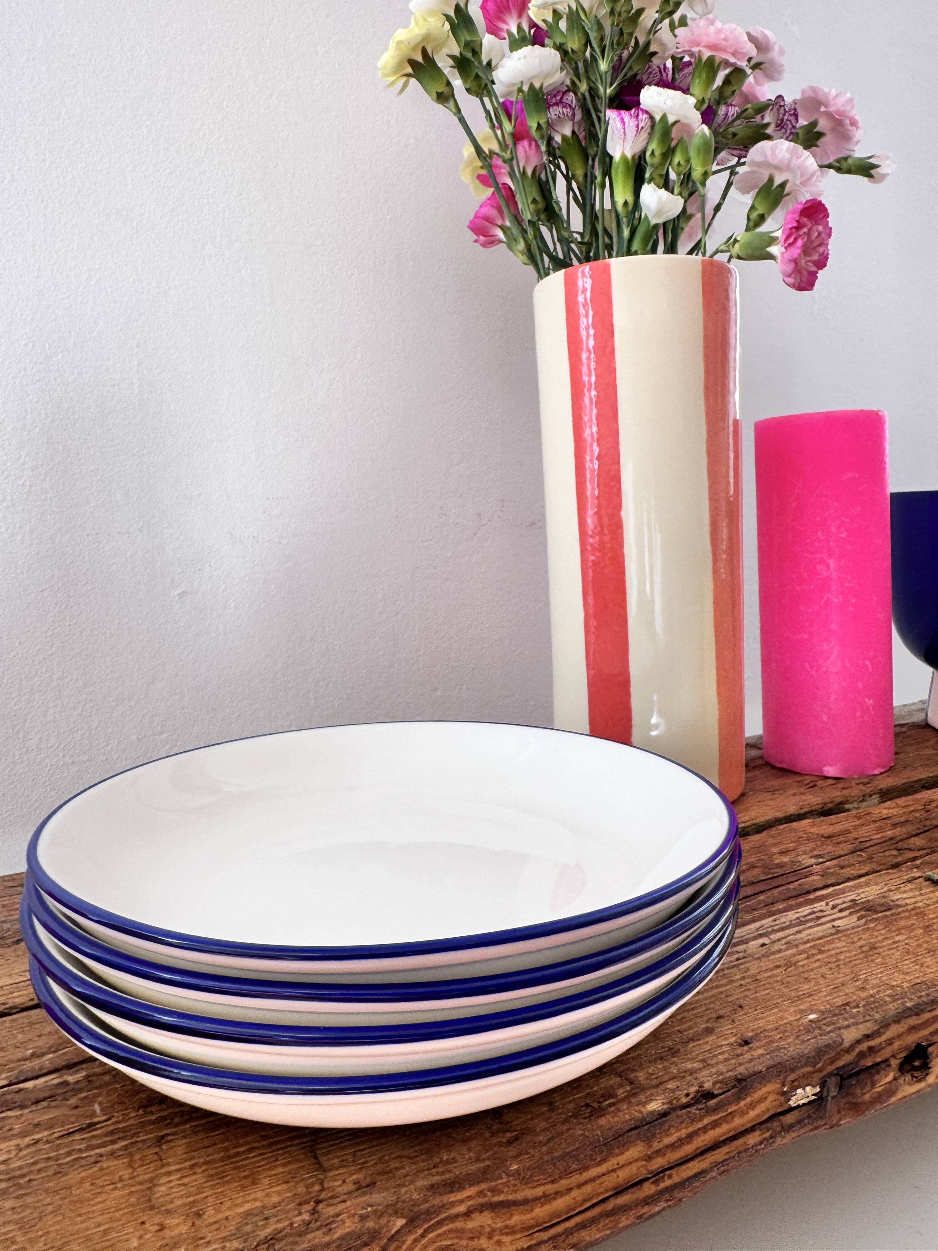 Set of 4 Deep Dessert Plates – White & Blue Rim