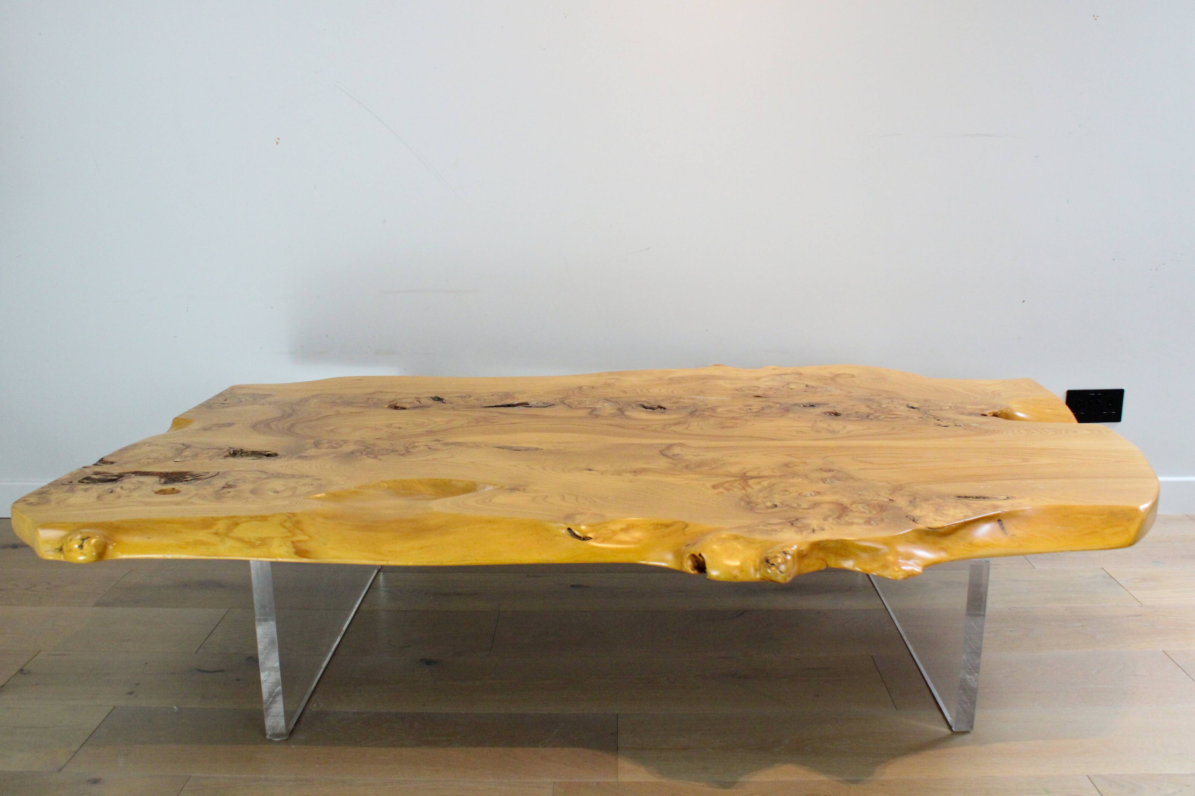 'Floating' mid-century Italian burr elm coffee table on Lucite blocks