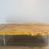 'Floating' mid-century Italian burr elm coffee table on Lucite blocks