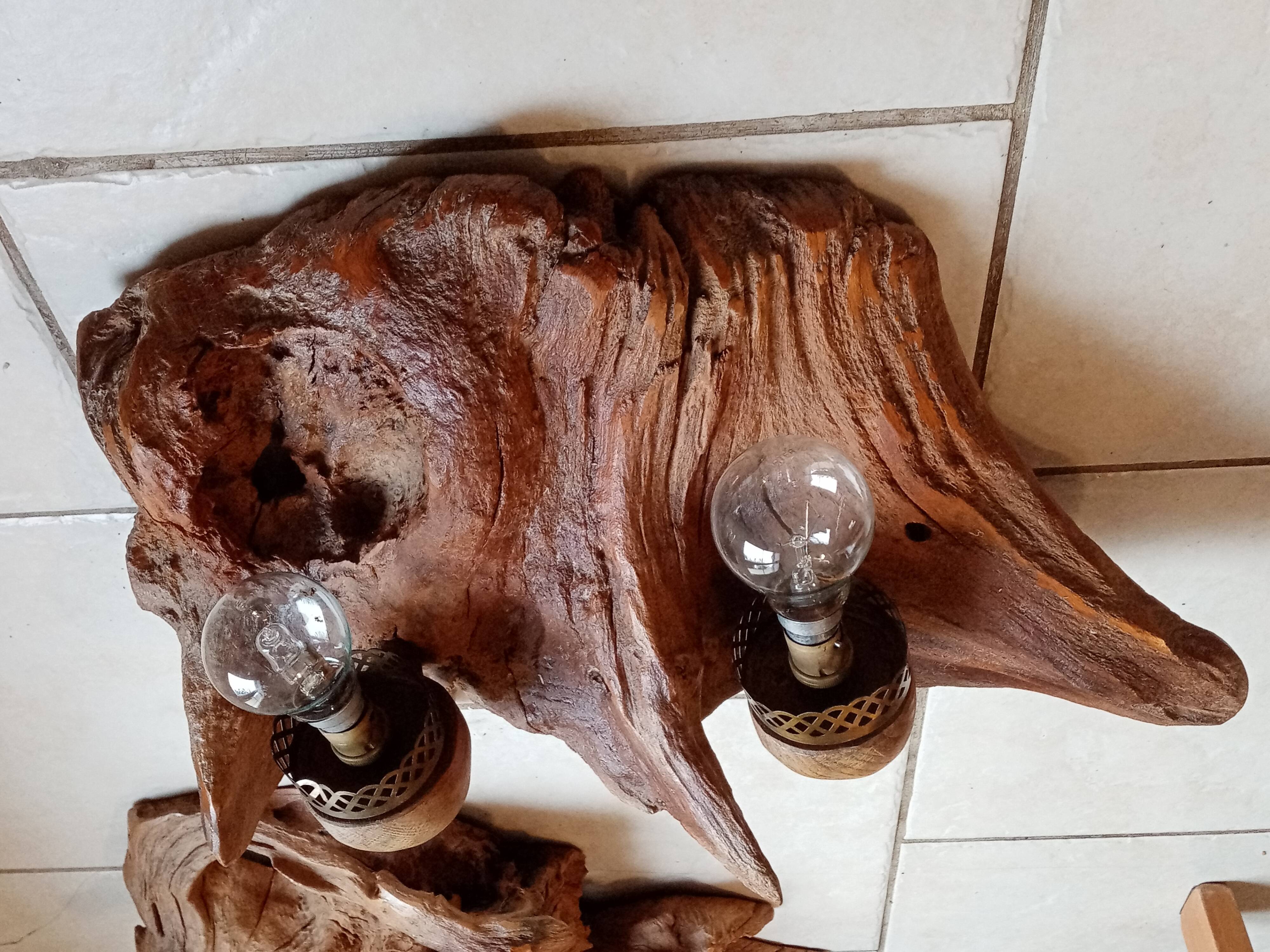 Pair of vintage brutalist wood wall lamp