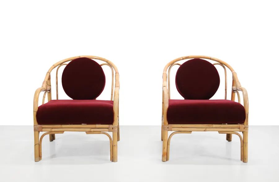 Set of 2 bamboo and rattan armchairs with Bordeaux red mohair upholstery