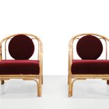 Set of 2 bamboo and rattan armchairs with Bordeaux red mohair upholstery