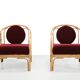 Set of 2 bamboo and rattan armchairs with Bordeaux red mohair upholstery