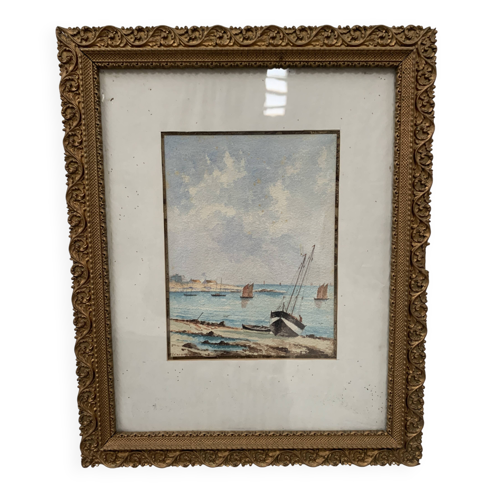 Marine watercolor "Sailboat at sea and stranded on the beach" 20th century