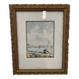Marine watercolor "Sailboat at sea and stranded on the beach" 20th century