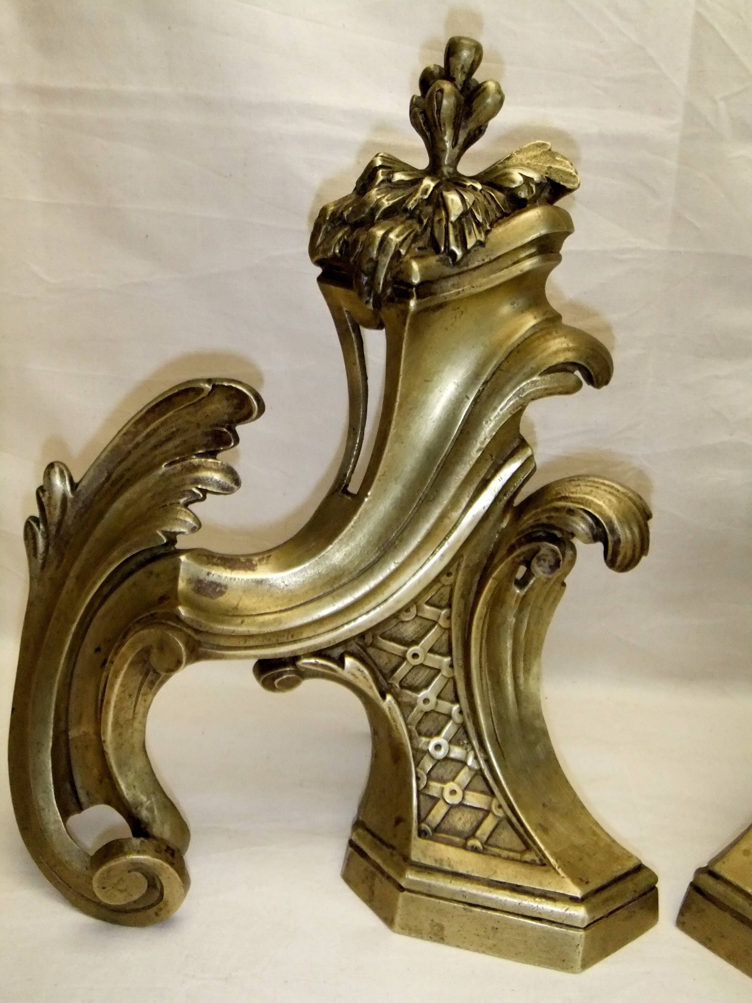 Old bronze andiron pair XVIII decor leaf accessory fireplace trim