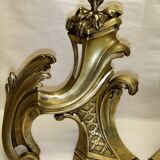 Chenet bronze ancien paire XVIII décor feuille accessoire cheminée garniture