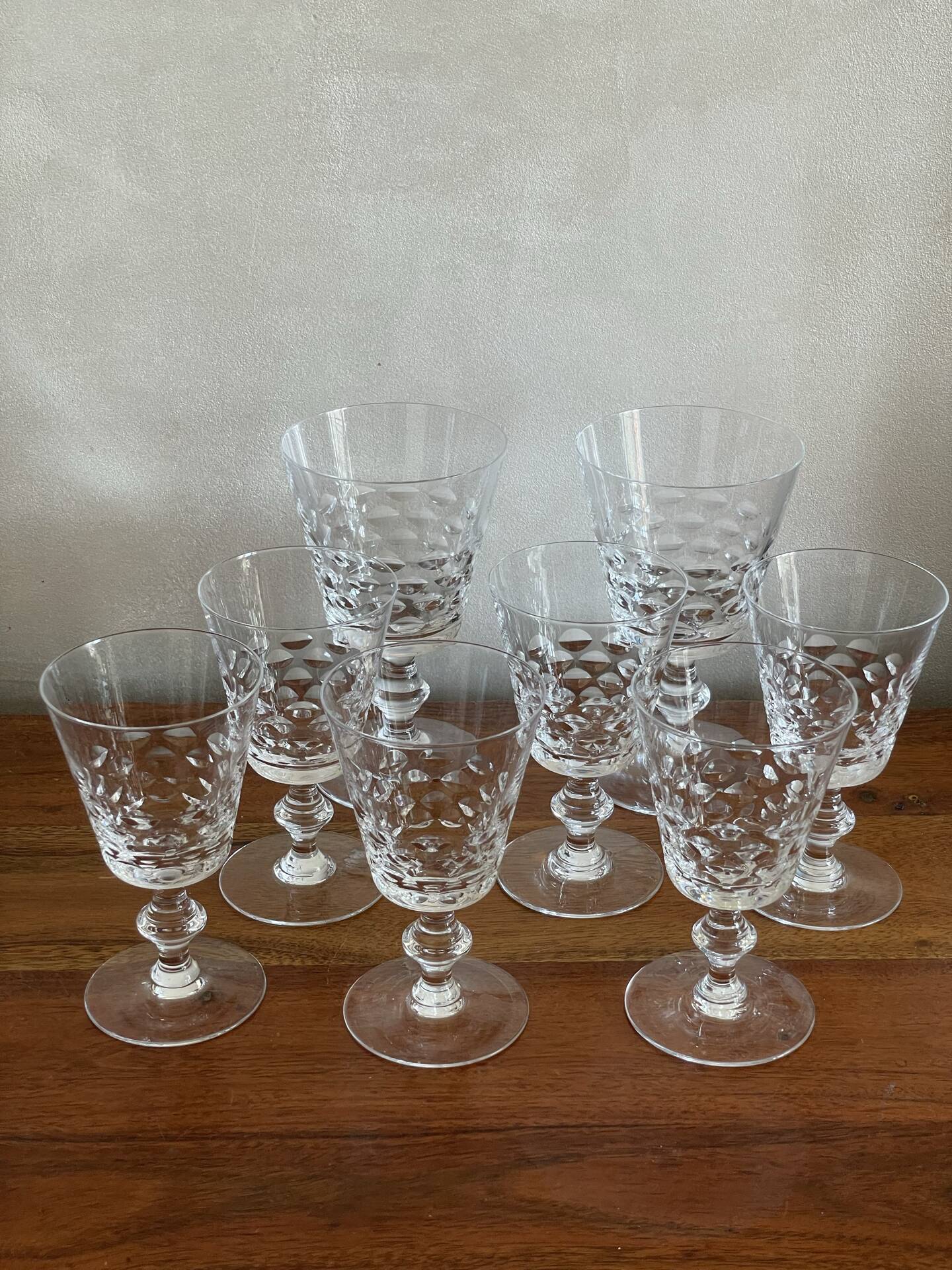 6 crystal wine glasses and 2 water glasses
