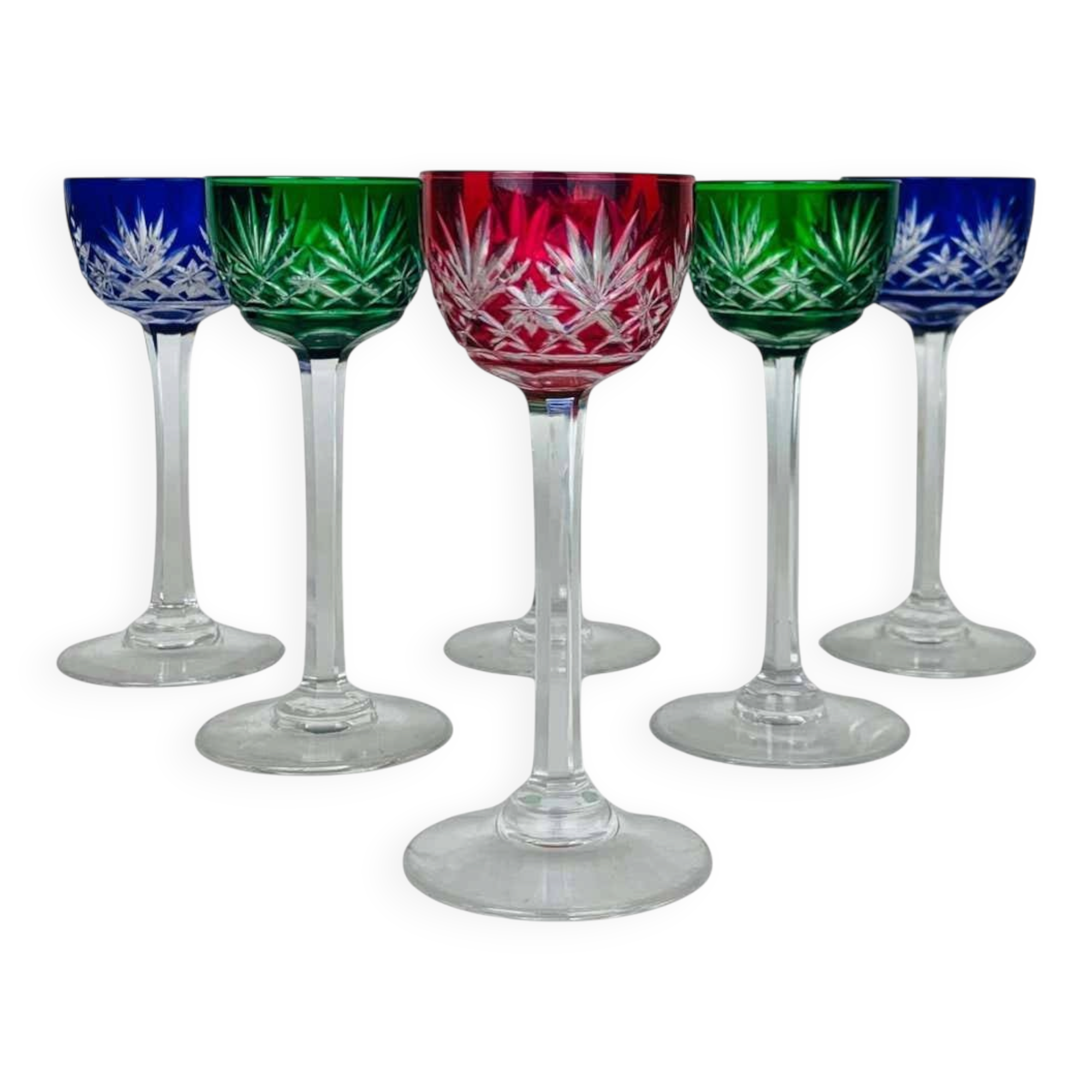 6 verres à liqueur Saint Louis modèle Massenet, colorés