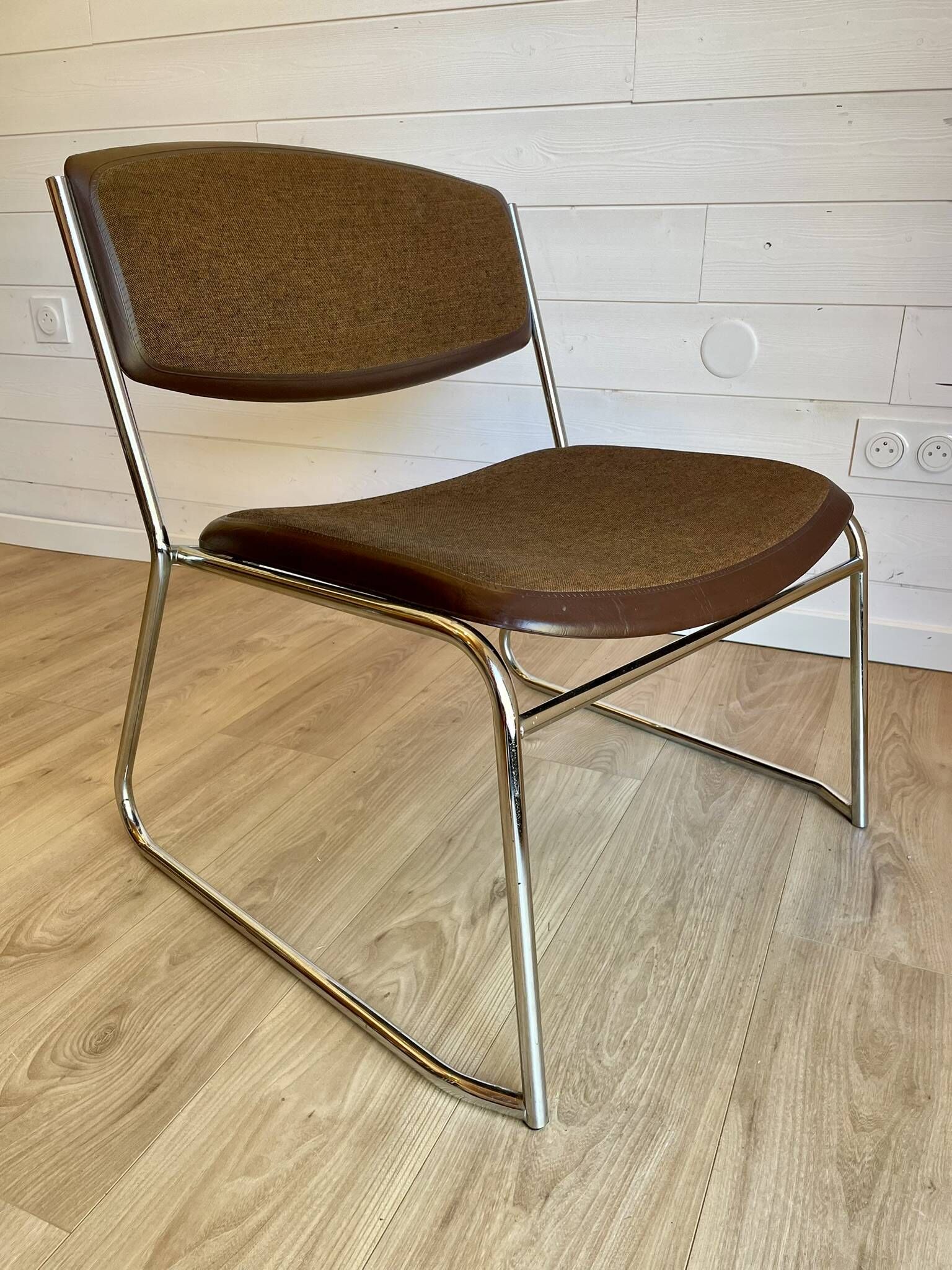 6 chrome sled armchairs Soudexvinyl brown vintage Skaï 70s