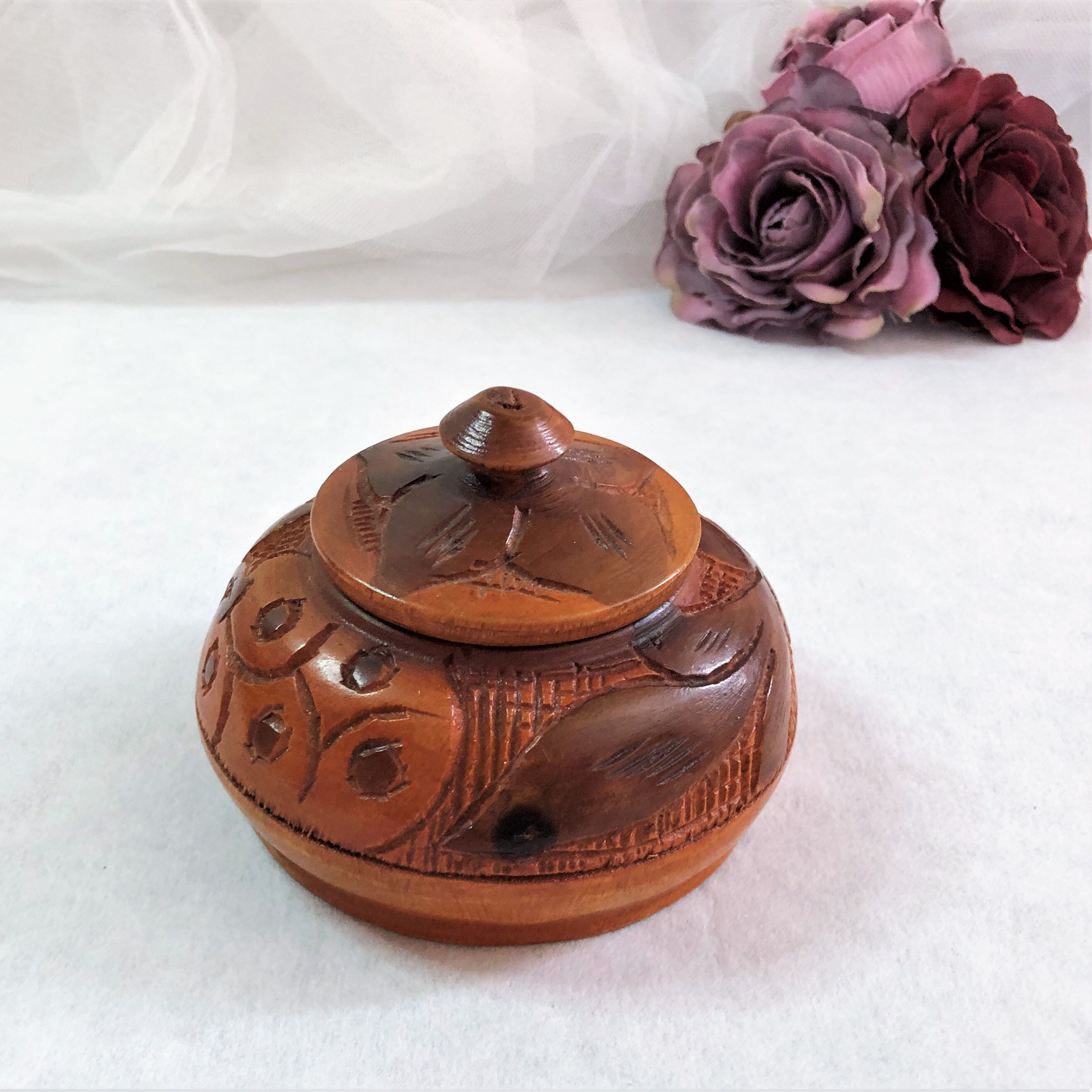 Handmade wooden box brown copper polychrome vintage