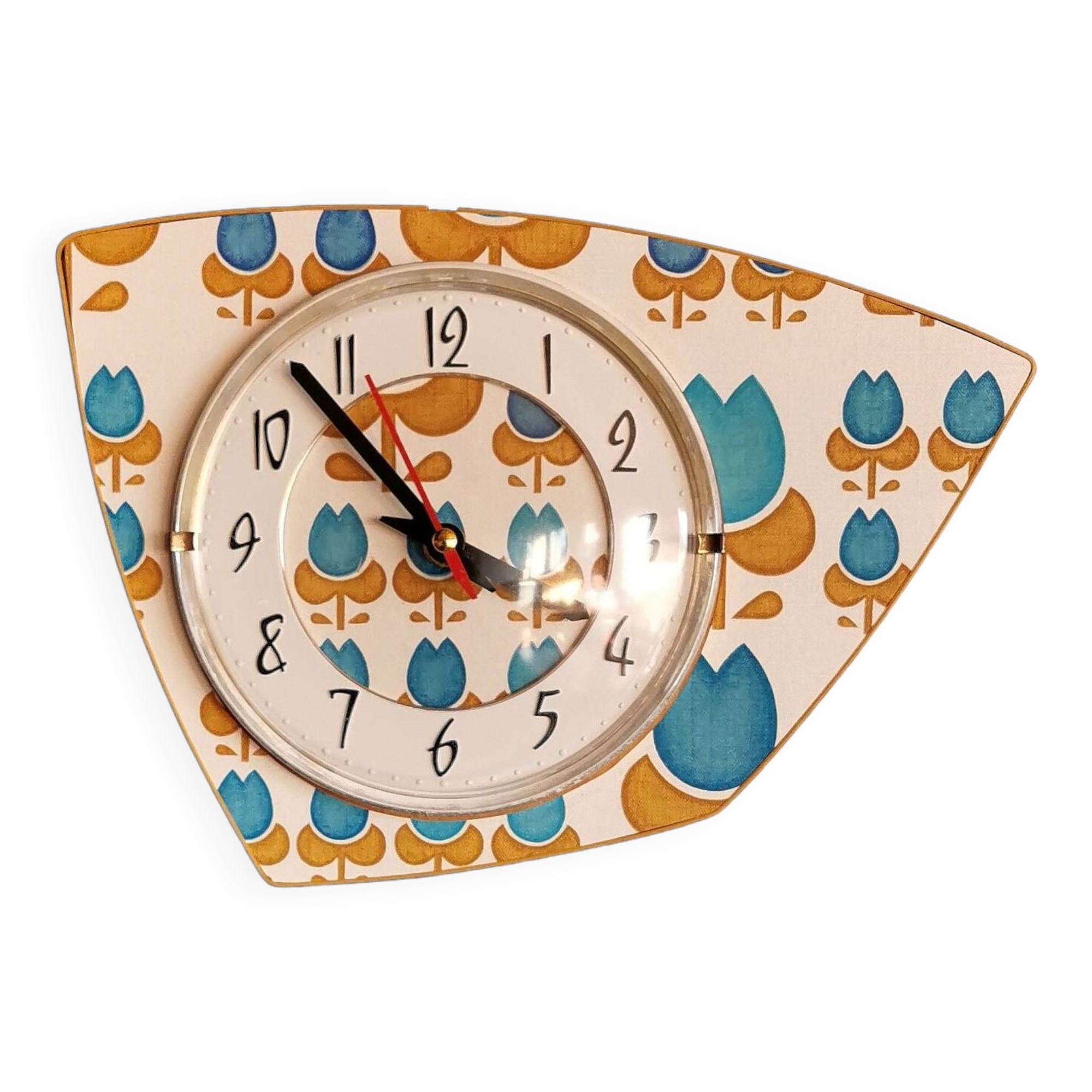 Vintage formica clock silent asymmetrical wall pendulum "Blue flowers"