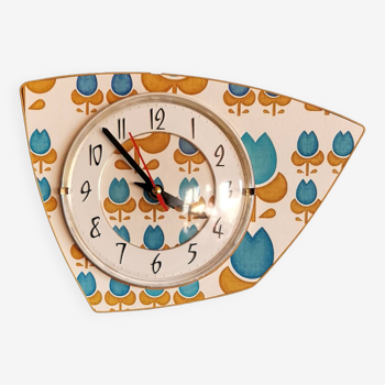 Vintage formica clock silent asymmetrical wall pendulum "Blue flowers"