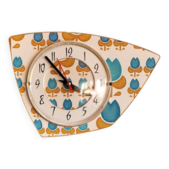 Vintage formica clock silent asymmetrical wall pendulum "Blue flowers"