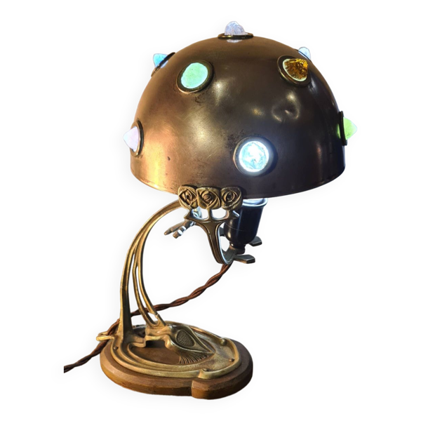 Lampe de table 1900 laiton cuivre ancienne a cabochon en verre 35x24