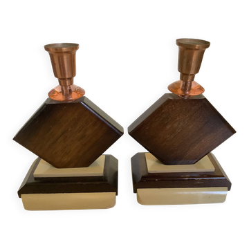 Paire de bougeoirs géométriques en bois année 50