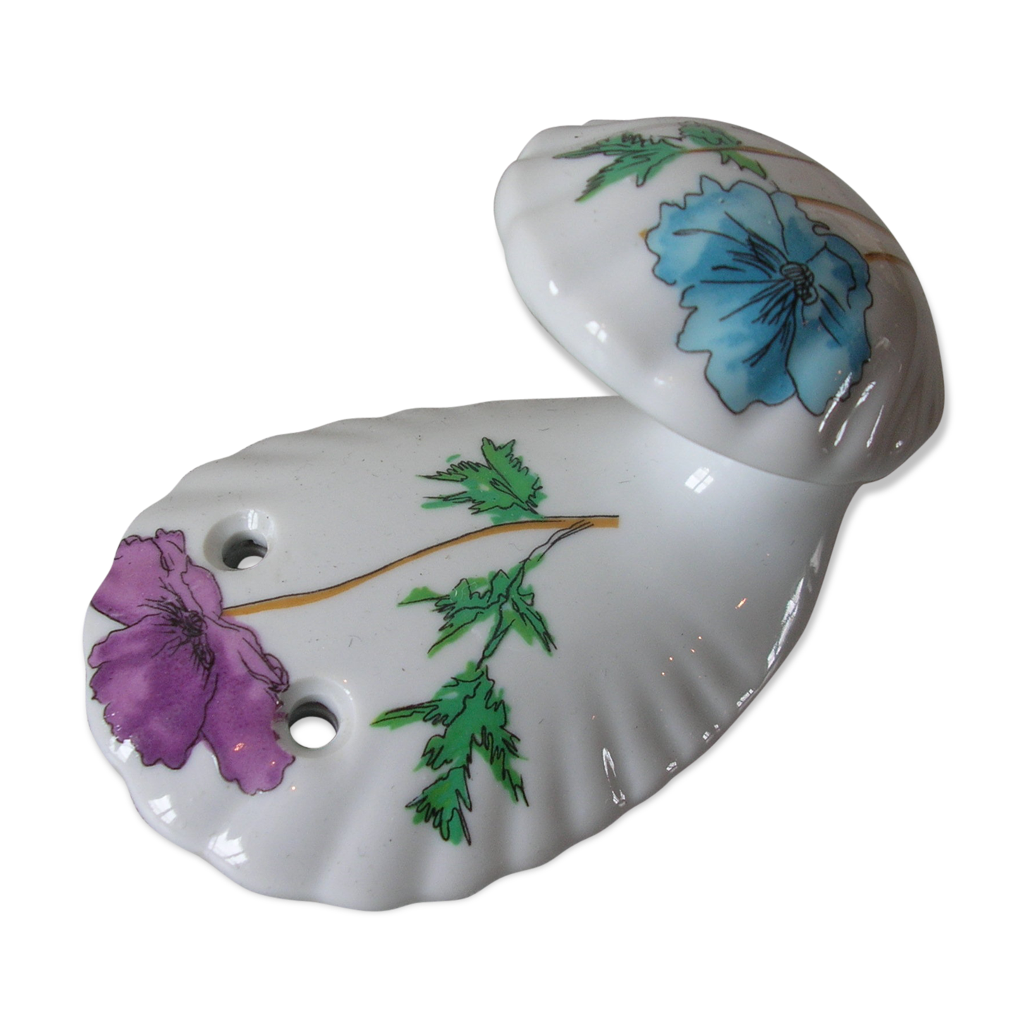 Old coat hook in porcelain of Paris floral decoration anemone retro decoration