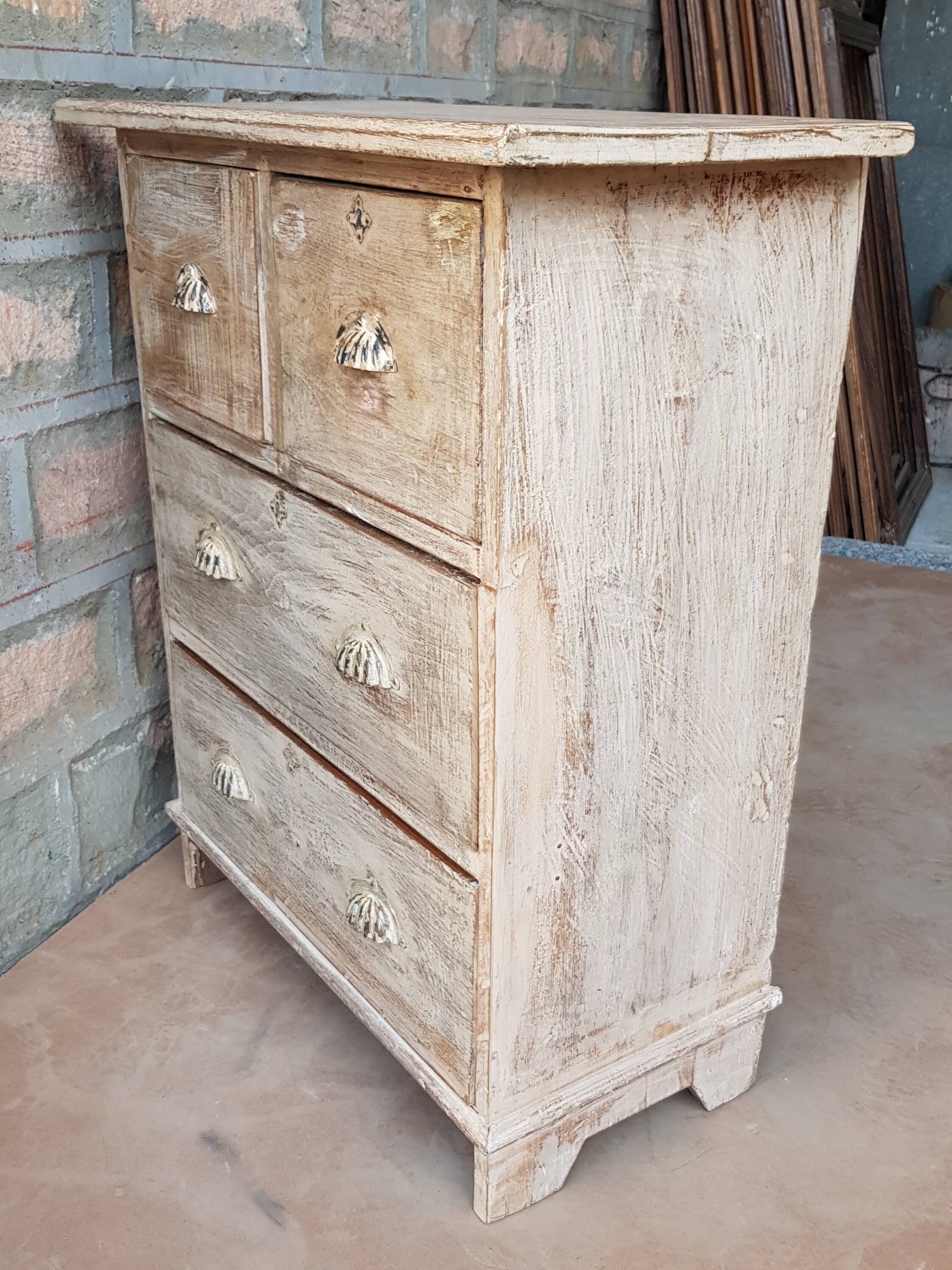 Commode 4 tiroirs en teck birman cérusé blanc