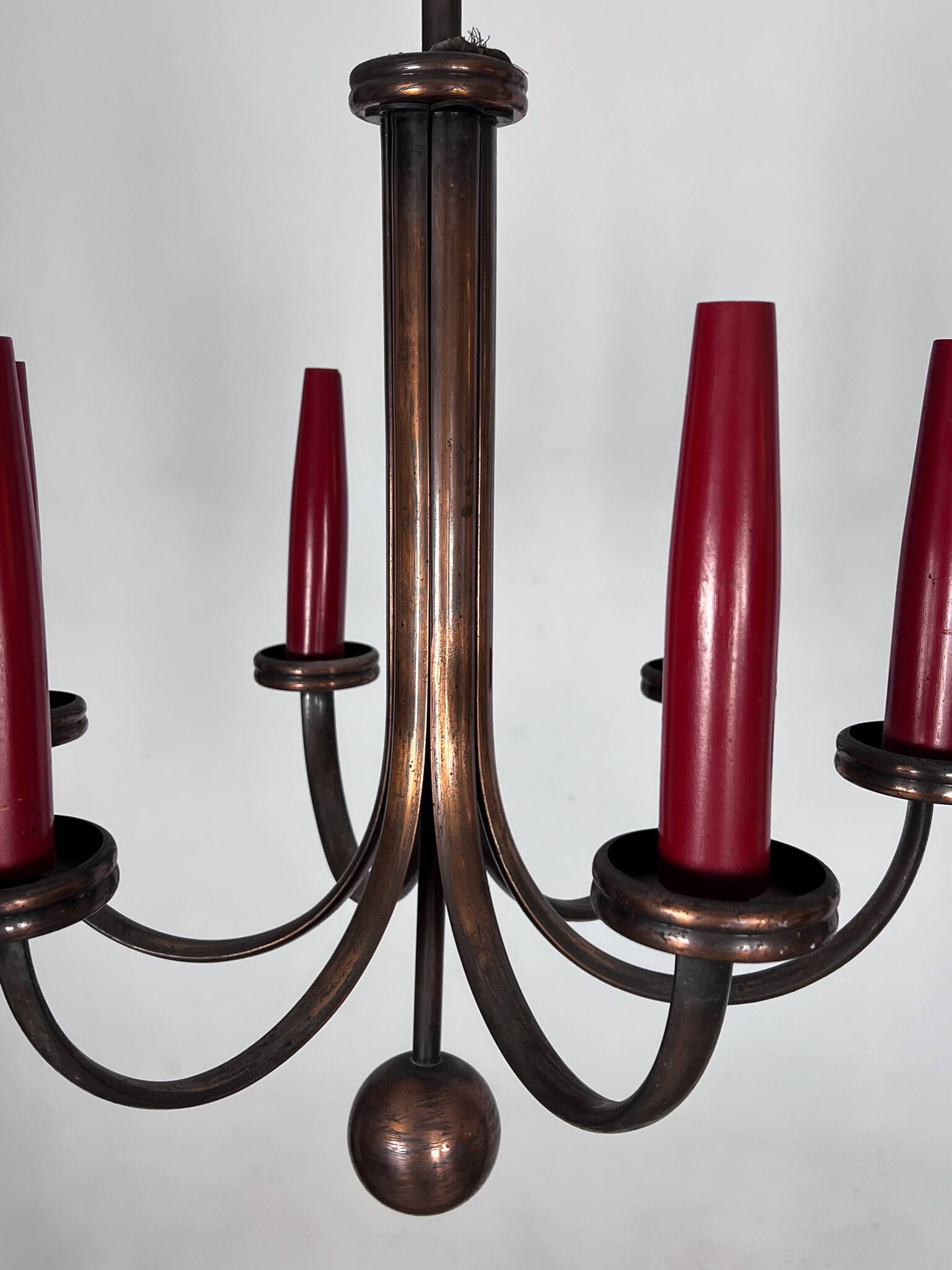 Mid-Century Modern six arms copper chandelier in Gio Ponti style. Italy 195
