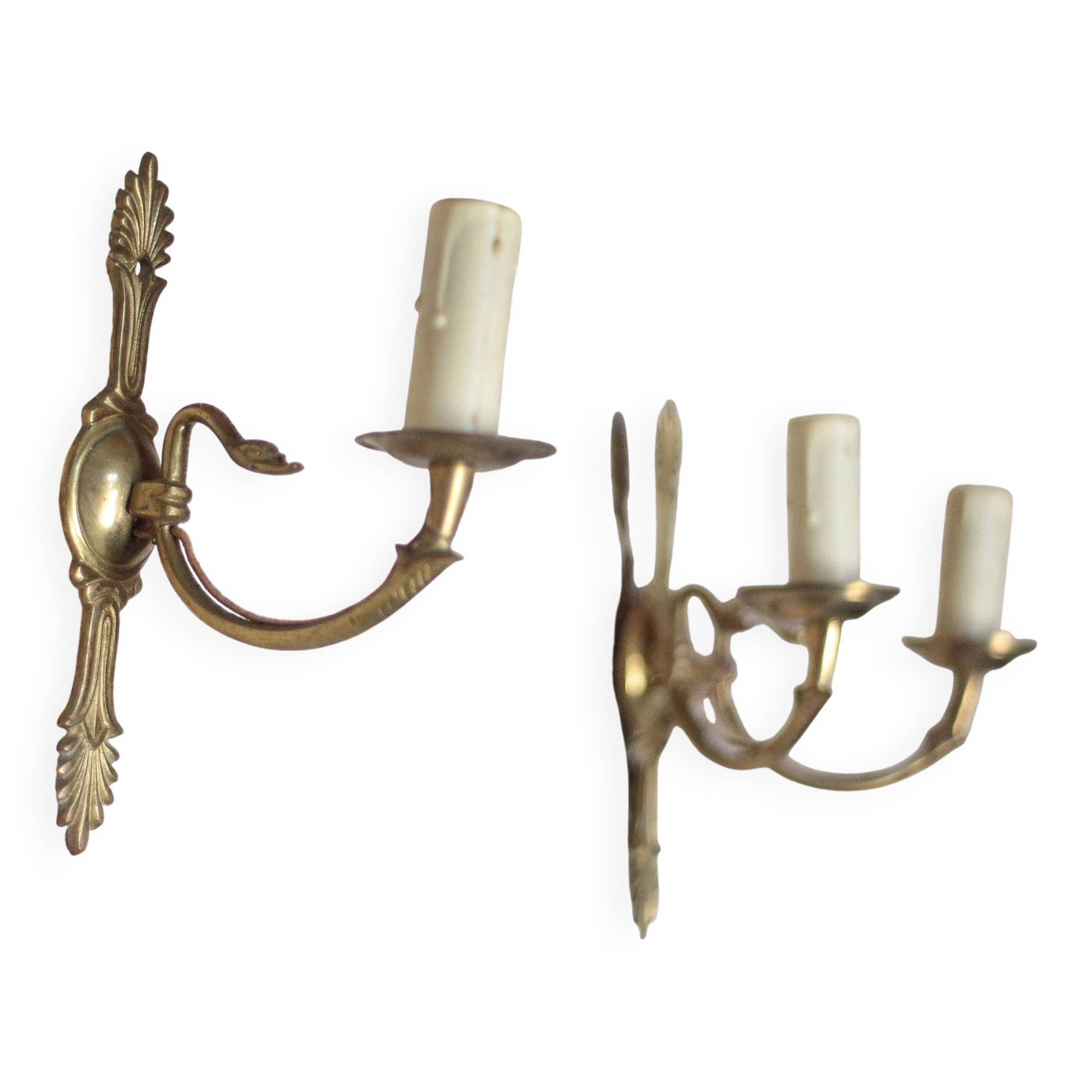 Pair of Empire style bronze wall lights, bronze wall light with palmette and swan neck.