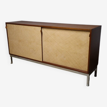 Vintage sideboard by Florence Knoll in mahogany and raffia, 1970s