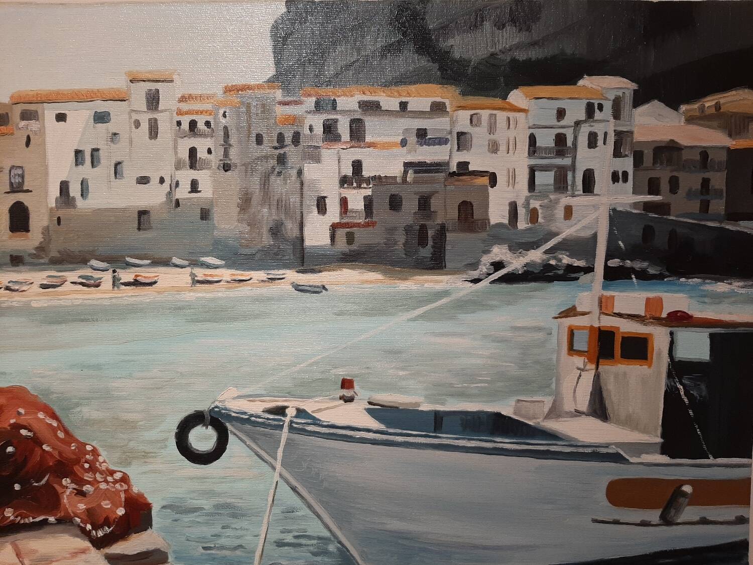 Oil on canvas the port of Cefalu Sicily
