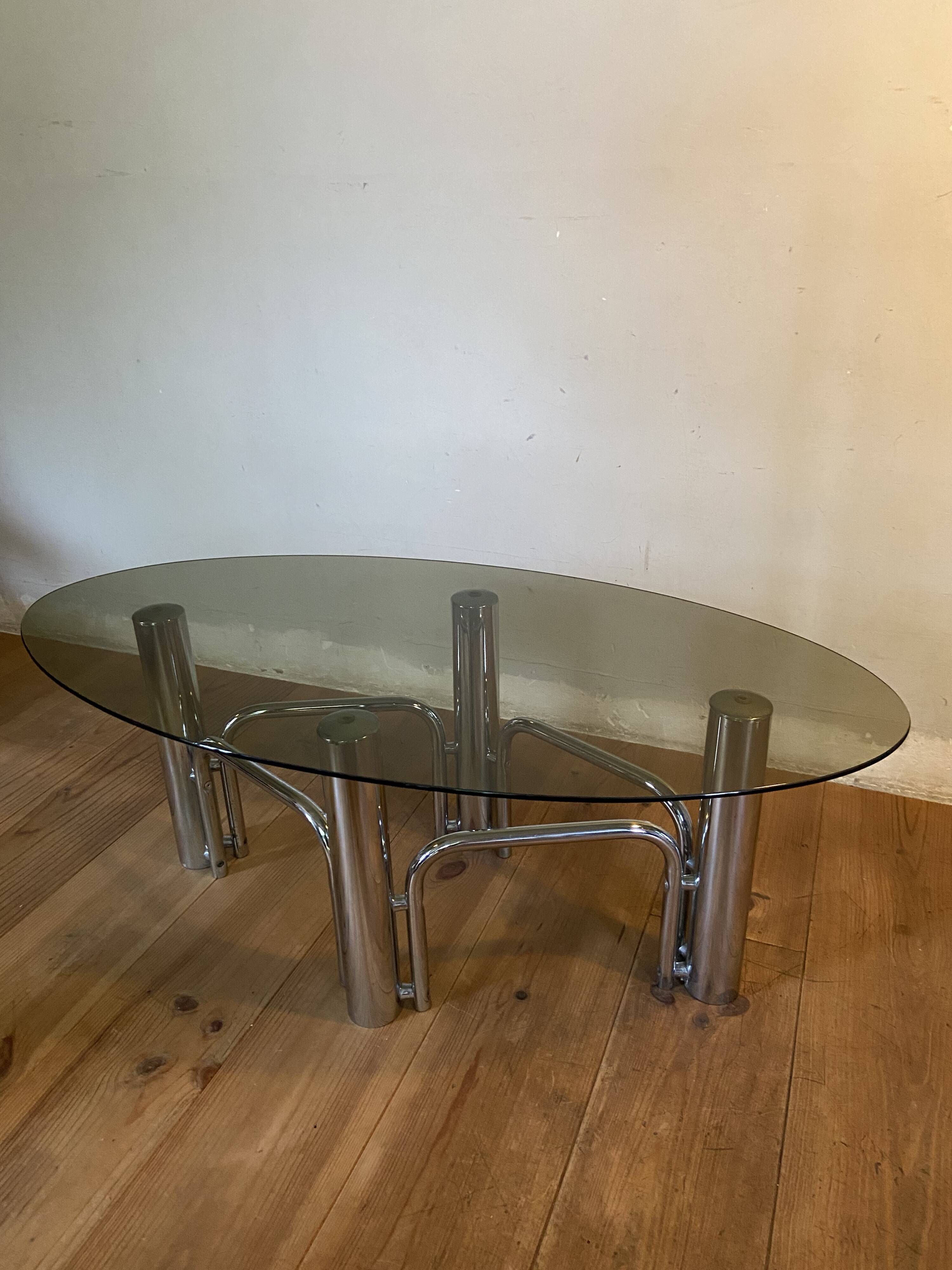 70s chrome and oval smoked glass coffee table