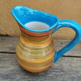 Striped ceramic pitcher, blue handle, Spanish craftsmanship, Ivanros