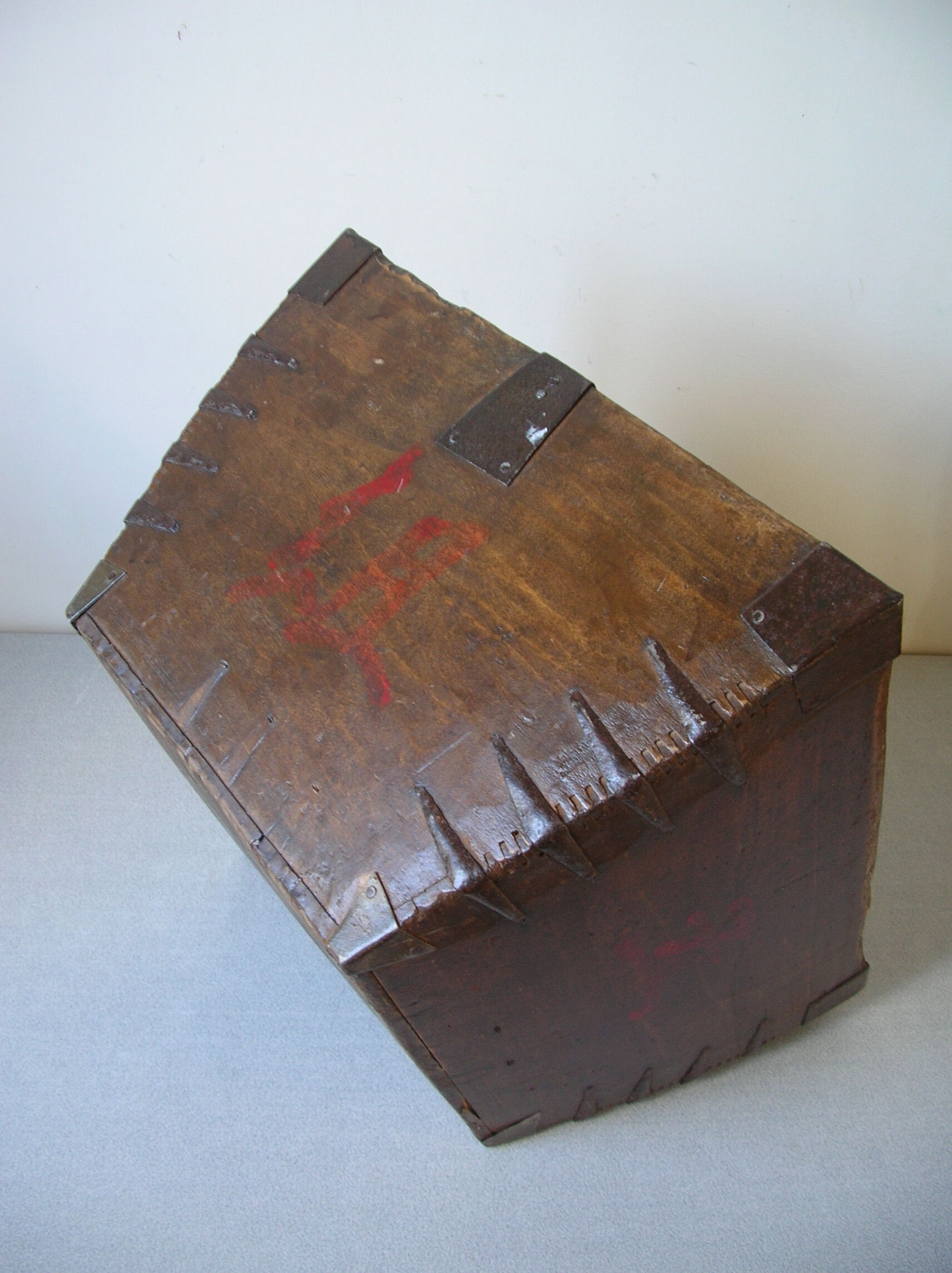Old Asian Japanese Chinese rice basket in wood sinogram painted metal reinforcement