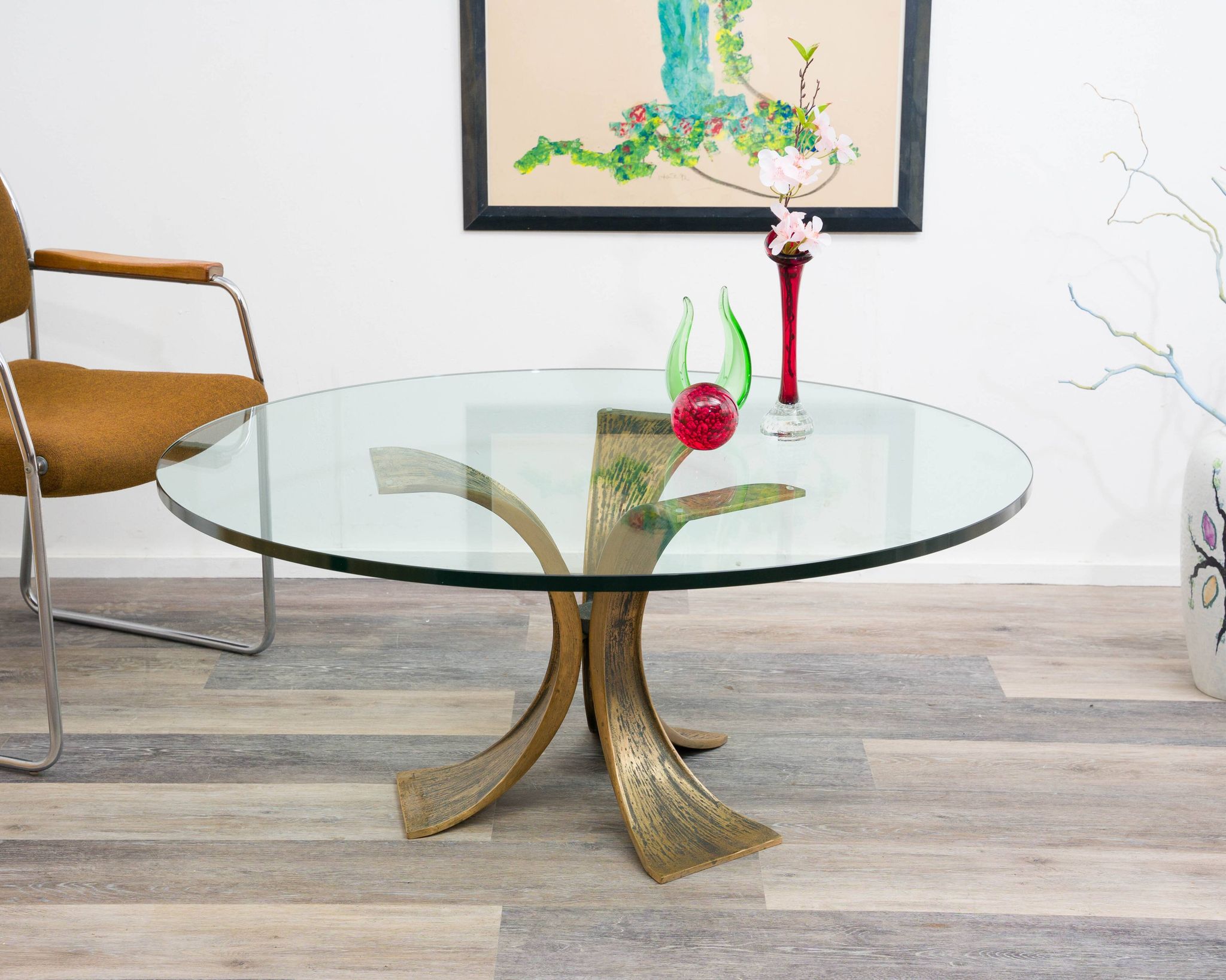 Glass coffee table, 80s design, Luciano Frigerio. Brutalist design
