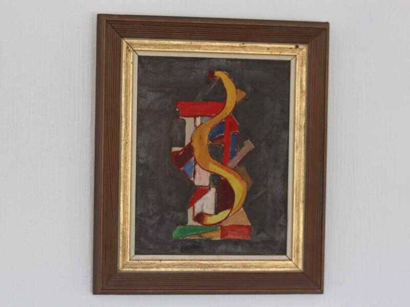 Original mid-century Swedish oil on canvas – “Layers” by Wilhelm Henning – signed & framed – 32 × 39 cm (12.6" × 15.4")