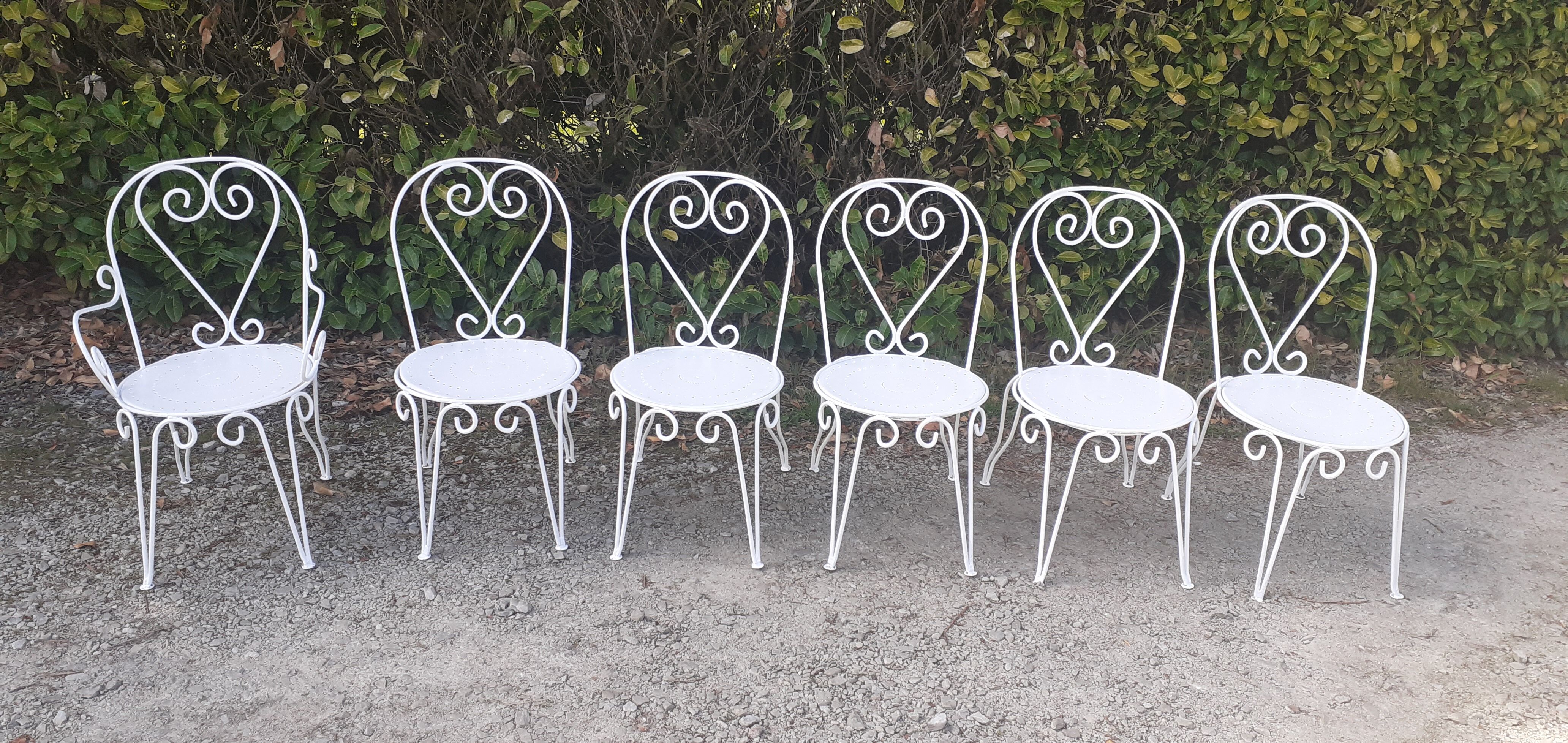 Salon de jardin 1 table 1 fauteuils 5 chaises fer forgé blanc ancien