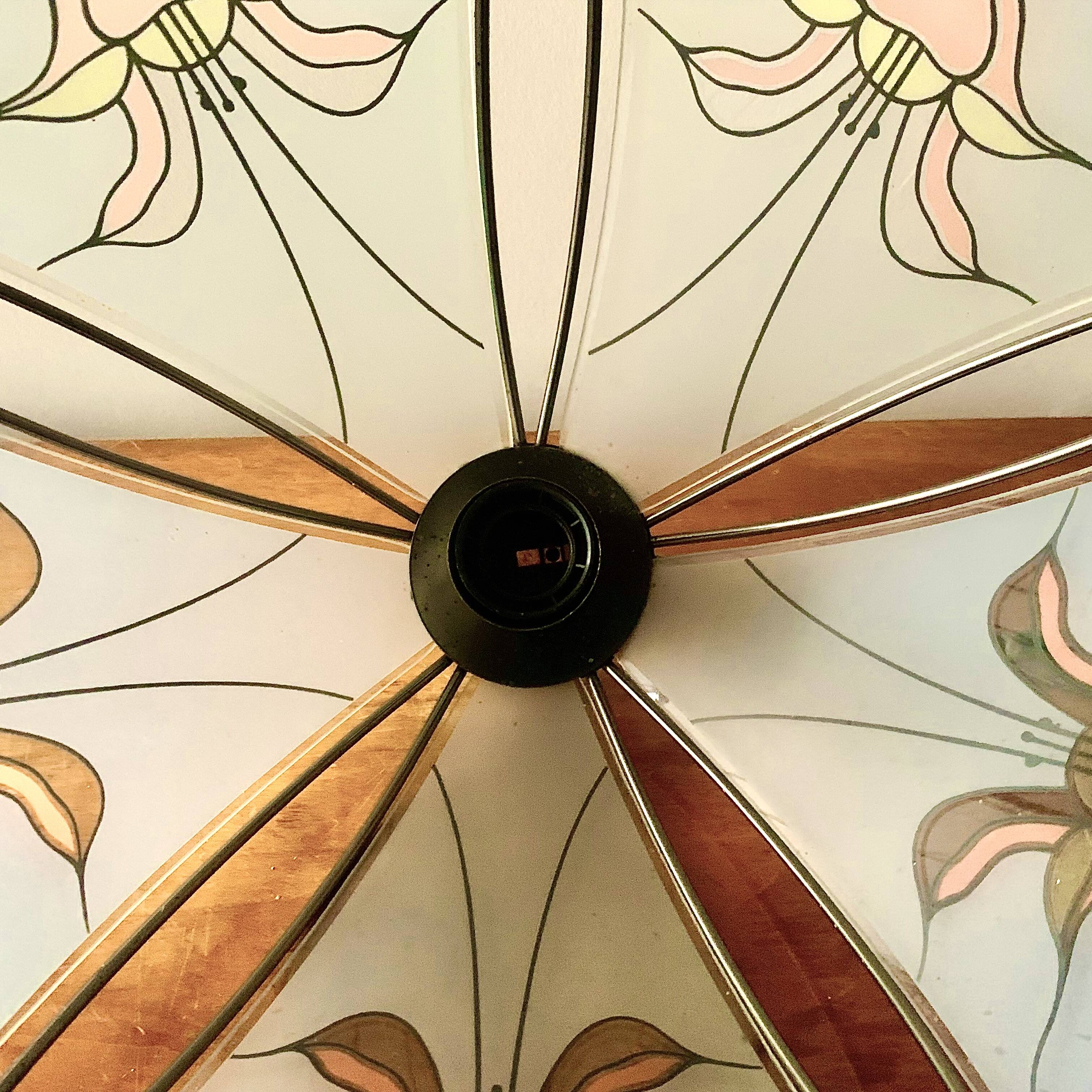 Vintage Hollywood Regency style metal and sandblasted glass chandelier