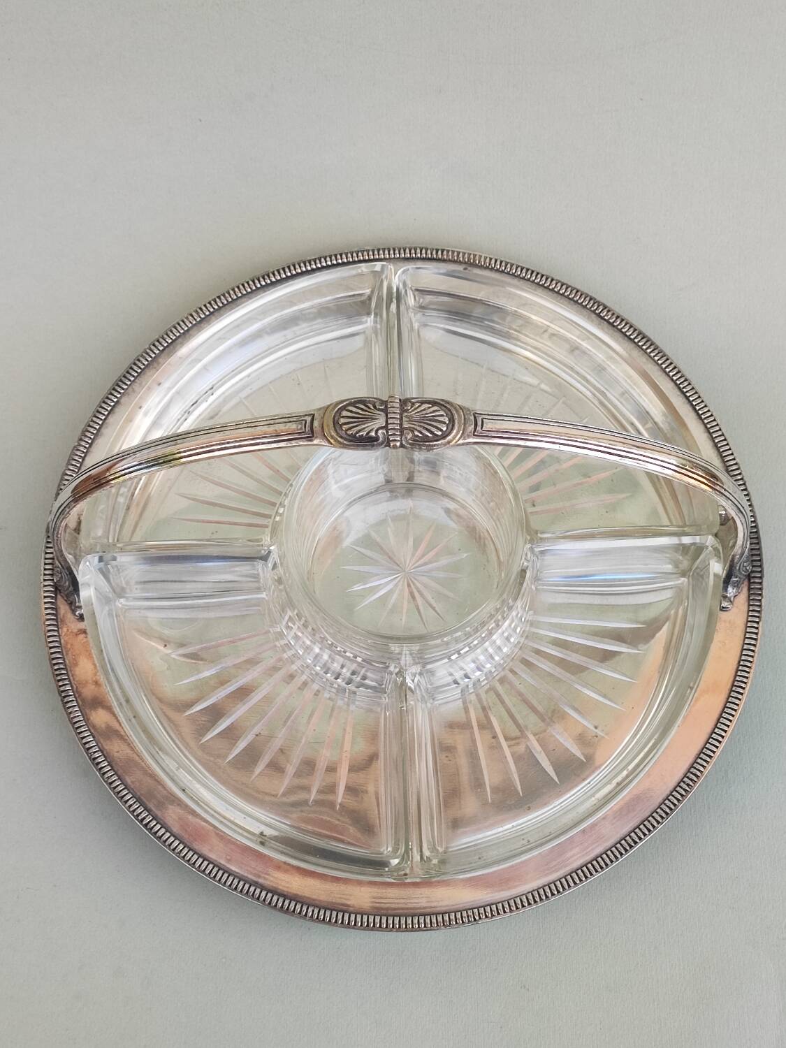 Silver plate and glass crudité serving dish