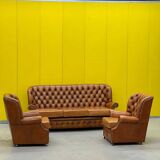 Vintage Chesterfield Brown Leather High Back sofa and Armchairs, Set of 3