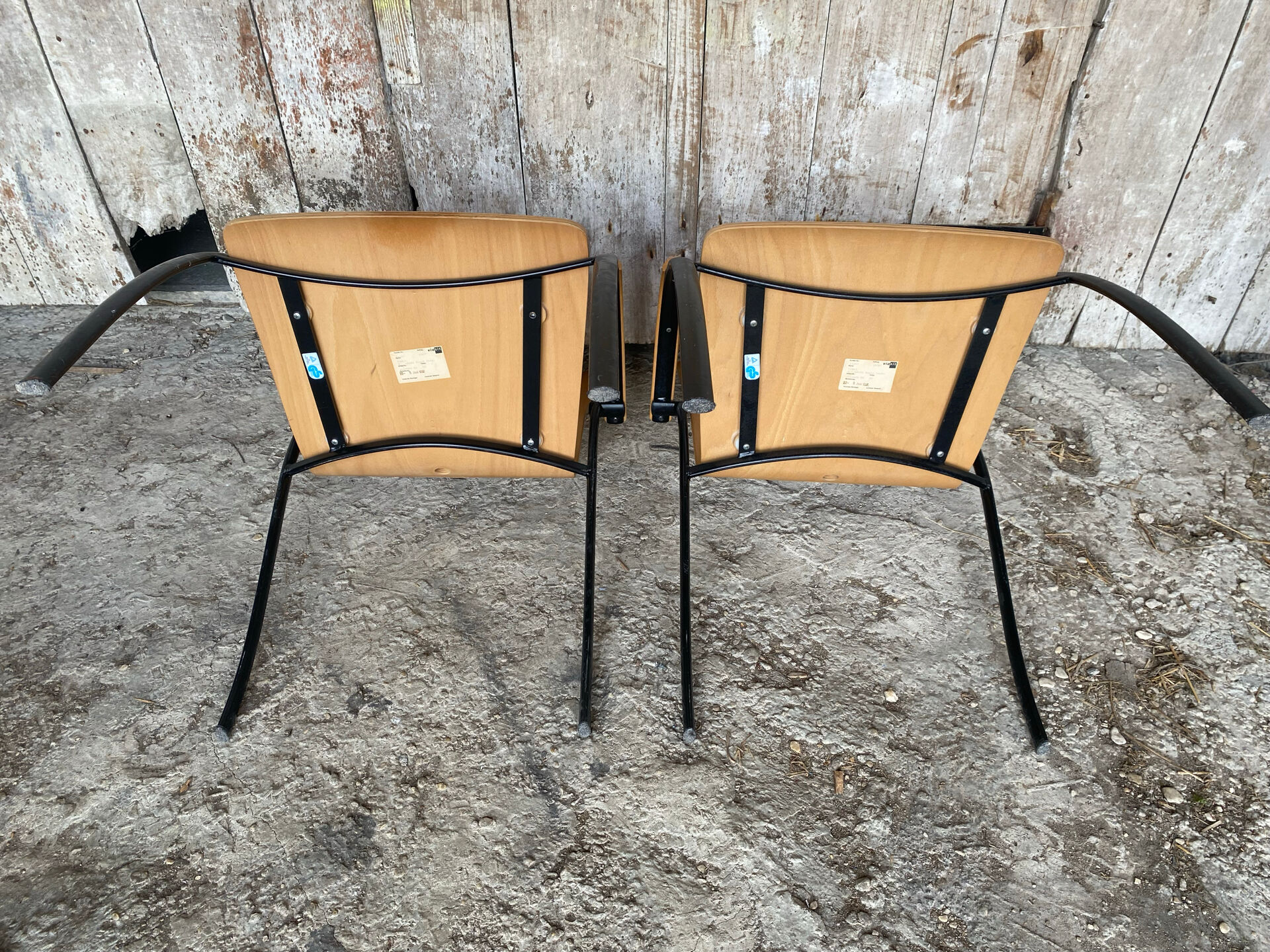 Pair of Vintage RONÉO Armchairs with Black Metal Legs + Curved Wooden Shell