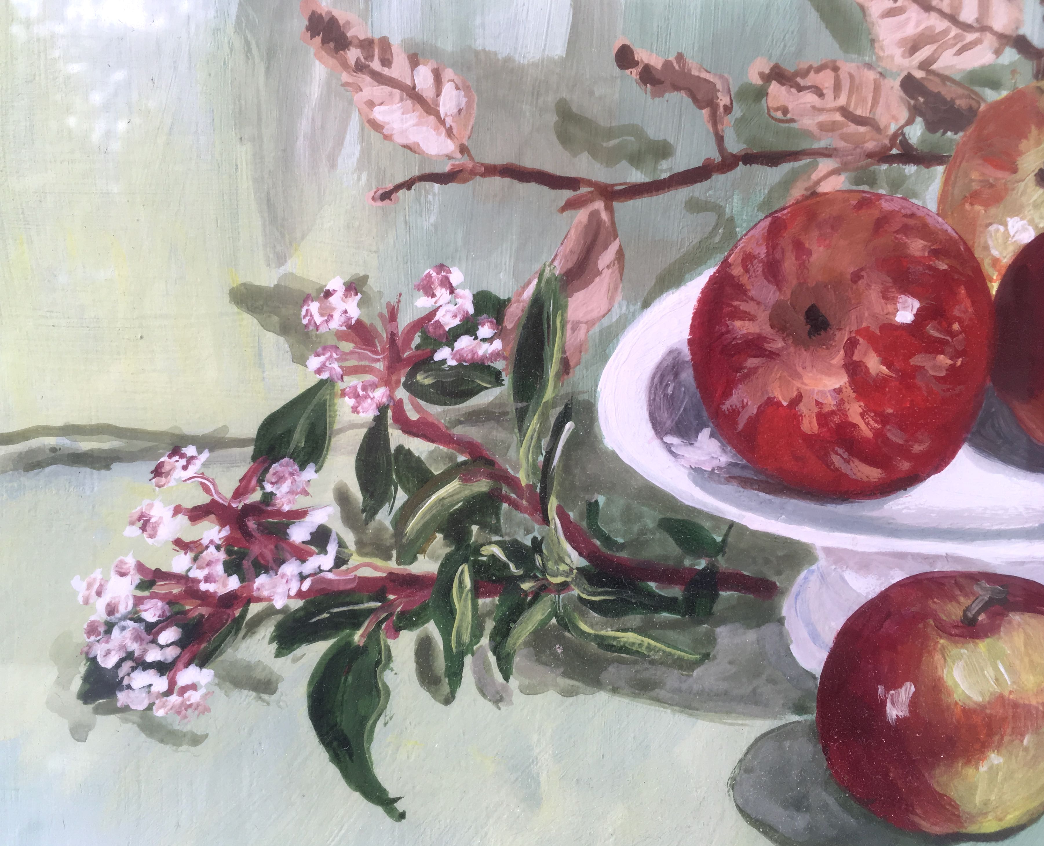 Watercolor painting apples elderflowers