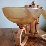 Double retro wall light - painted wood & brass - amber yellow frosted glass cups