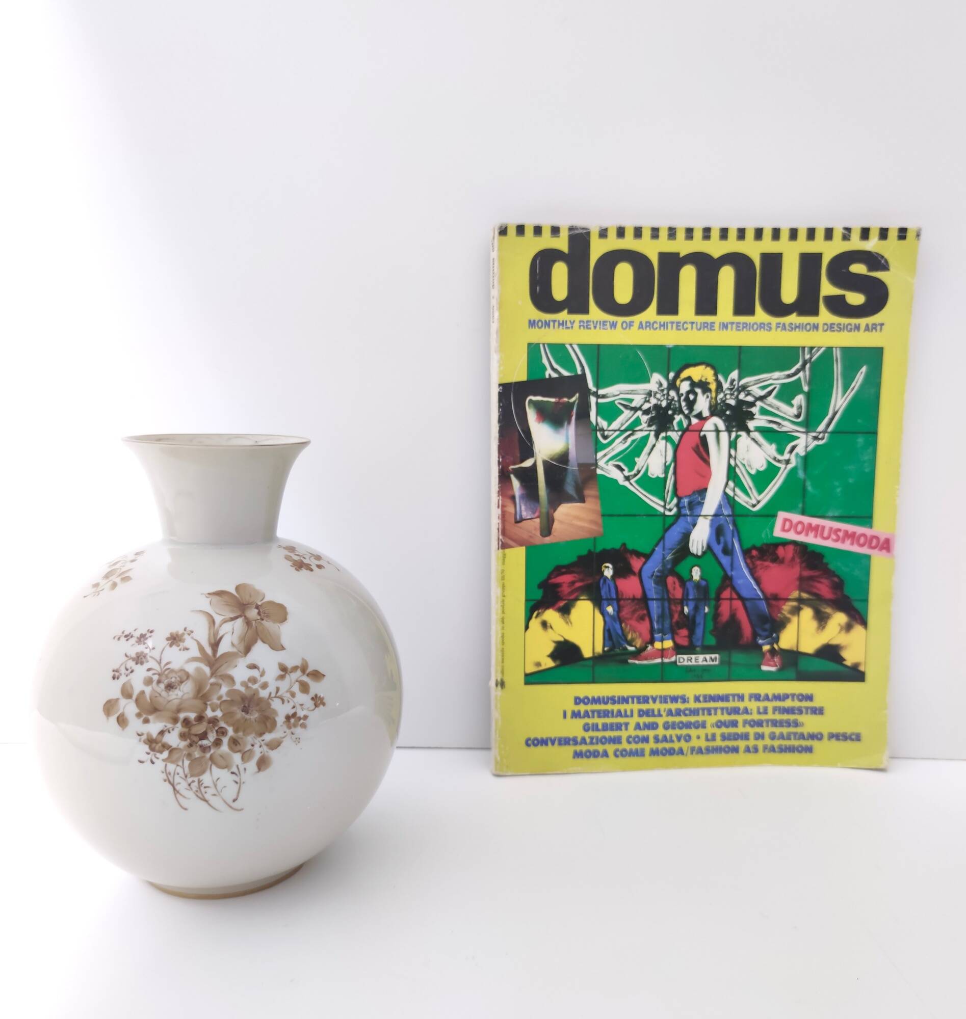 Ivory Ceramic Vase with Brown Floral Details by Rosenthal, Italy