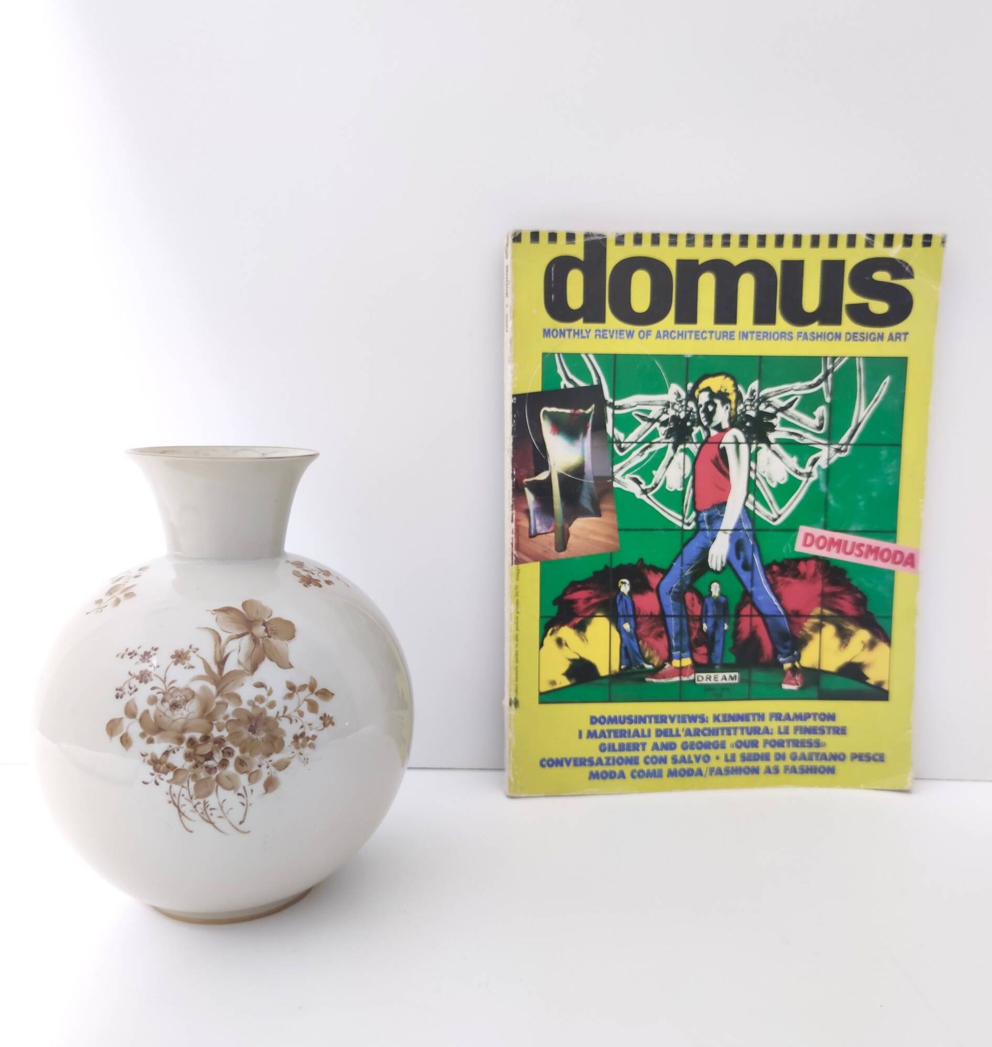 Vase en céramique ivoire et détails floraux marron par Rosenthal, Italie