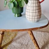 Tripod coffee table – Rattan & Bamboo – Sky blue top – Vintage 60s