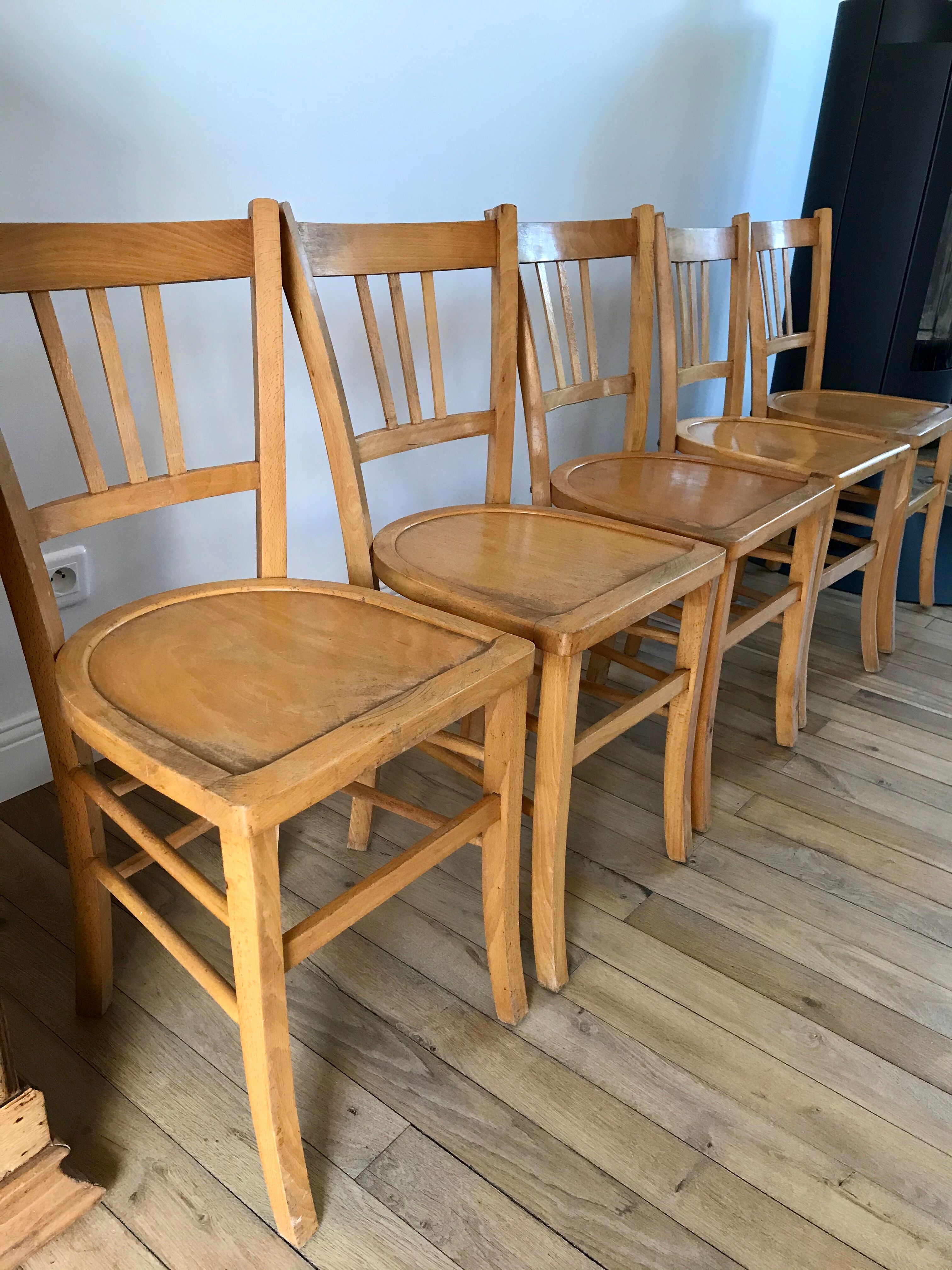 Set of 5 Luterma light blond wood bistro chairs from the 50s