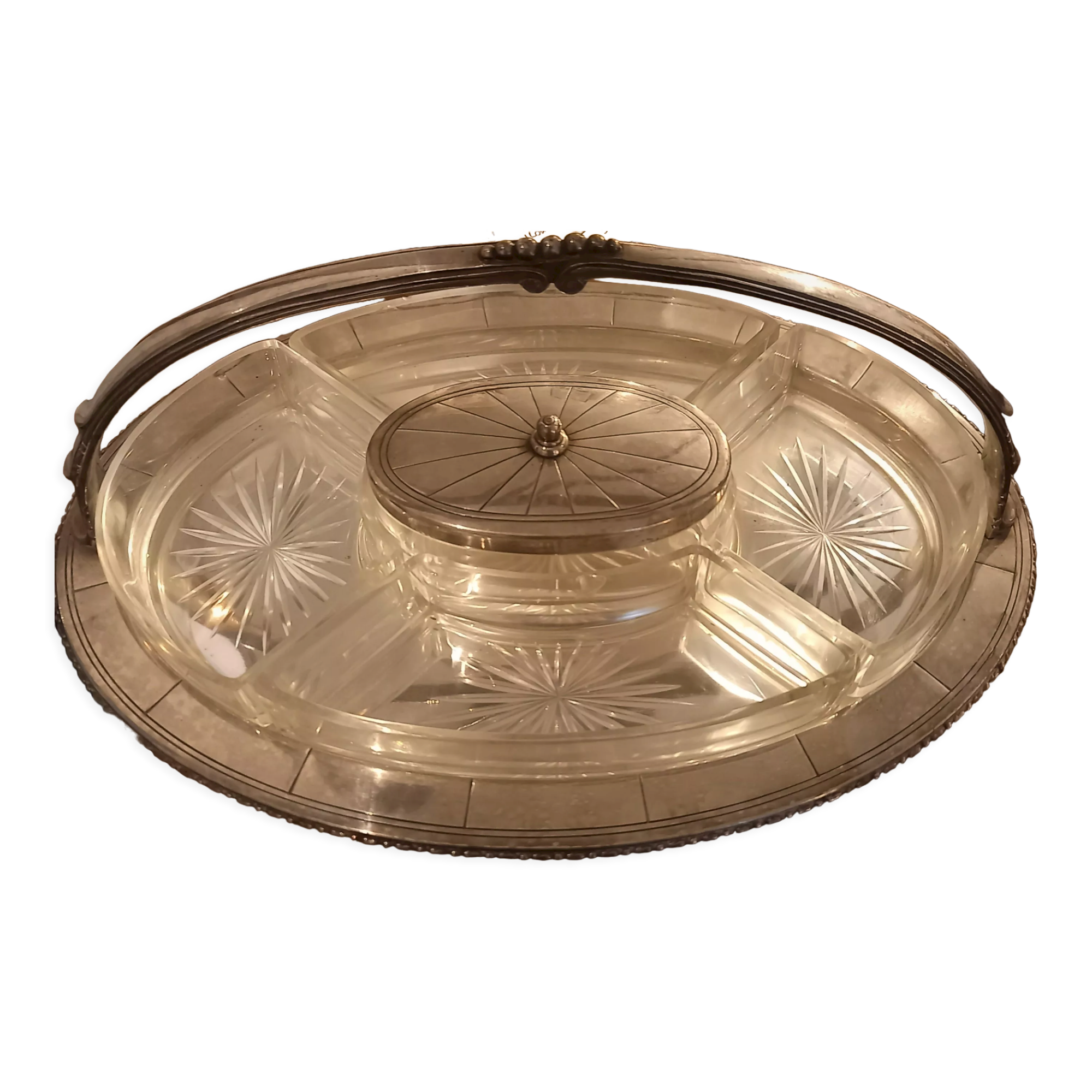 Serviteur, plateau à apéritif en métal argenté et verre taillé, années 1940-1950