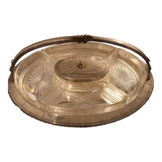 Servant, aperitif tray in silver metal and cut glass, 1940s-1950s
