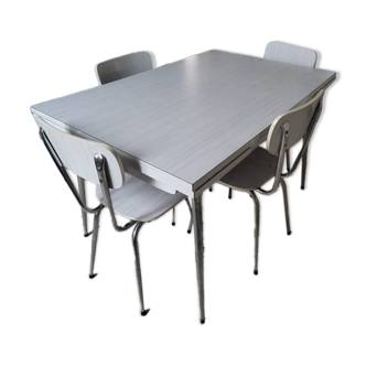Vintage white Formica table, 4 chairs and stool set