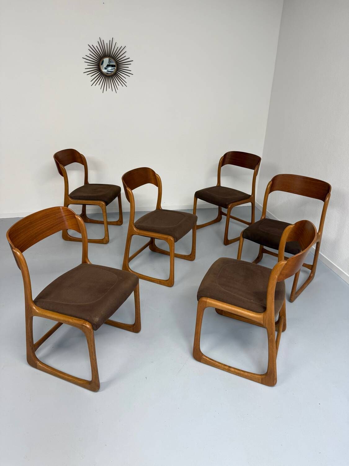 Set of 6 Baumann sleigh chairs in wood and brown fabric, original 1960s